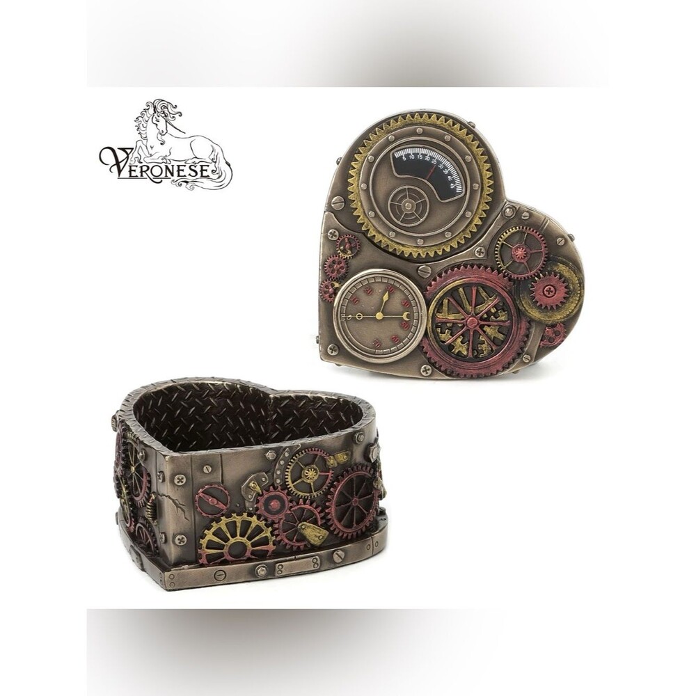 Veronese Steampunk Heart Trinket Box - Bronze Brown Lined Box with Lid EUC